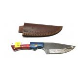 Custom Damascus Blade knife with leather sheath,