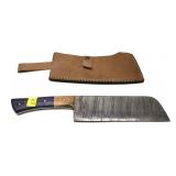 Custom Damascus Blade butcher knife with leather