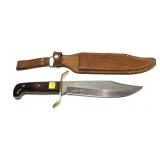 Large bowie knife with leather sheath, 14 1/2"