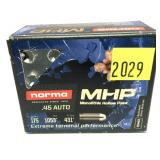Box of .45 Auto 175-grain MHP Norma cartridges,