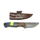 Custom Damascus Blade knife with leather sheath,