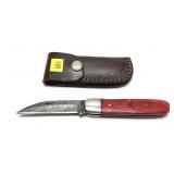 Custom Damascus Blade folding knife with leather