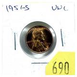 1951-S Lincoln cent, Unc.