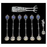Lot, .800 silver salt spoons and tong, 8 pcs.,