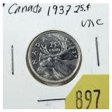 1937 Canadian 25-cents, Unc.