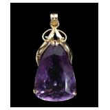14K Yellow gold large pear cut amethyst pendant,