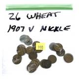 Lot, 26 wheat cents and 1 Liberty nickel