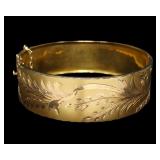 14K Yellow gold engraved hinged bangle bracelet,