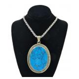 Mexican silver large turquoise pendant with 24"
