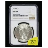 1923 Peace dollar NGC slab certified MS-63