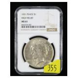 1921 Peace dollar NGC slab certified high relief