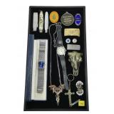 Lot, jewelry, watches (one running), belt buckles,