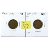 x2- 1909-VDB Lincoln cents, XF -x2 cents -Sold by