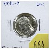 1943 Jefferson nickel, 35%, Unc, F.S.