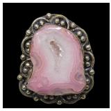 Sterling silver bezel set large pink agate ring,