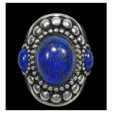 Sterling silver large lapis three-stone ring,