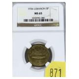 1936 Lebanon 5 P NCG slab certified MS-65