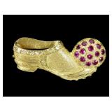 14K Yellow gold shoe pin with ruby studded ball on