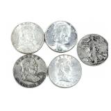 x5- Half dollars, 90% silver -x5 half dollars -