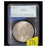 1922 Peace dollar PCGS slab certified MS-63