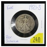 1921-S Walking Liberty half dollar, Rev. scratch,