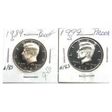 x2- Proof Kennedy half dollars: 1989-S, 1999-S -x2