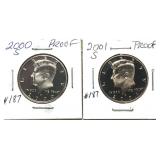 x2- Proof Kennedy half dollars: 2000-S, 2001-S -x2