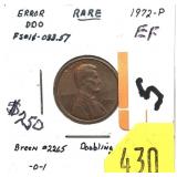 1972 Lincoln cent error, double die