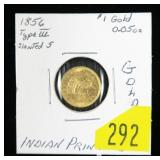 1856 $1 Gold Type III Slanted 5 Indian Princess