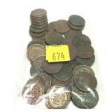 Lot, damaged Indian Head cents, 50 pcs.