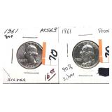 x2- 1961 Washington quarters, Proof & Unc. -x2
