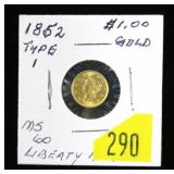 1852 $1 Gold Liberty Type I, BU