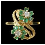 14K Yellow gold emerald flowers ring in bypass