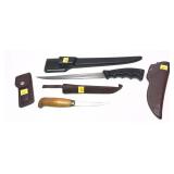 Lot, 2 filet knives with sheaths and 2 empty