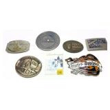 Lot: assorted belt buckles, 5  and plaque and pin