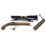 Lot: brass spice grinder, bipod and black powder