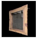 Hanging Pine peg board display with glass door,