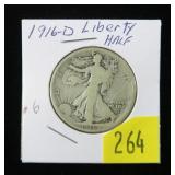 1916-D Walking Liberty half dollar, EF
