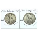 x2- 1920 Walking Liberty half dollars,  -x2 half