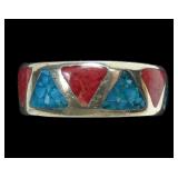 Sterling silver  inlaid tuquoise and coral band