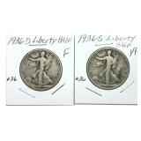 x2- Walking Liberty half dollars, mixed dates,
