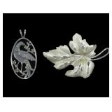 Lot, vintage sterling silver leaf pin and bird