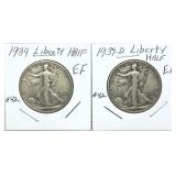 x2- Walking Liberty half dollars, mixed dates,