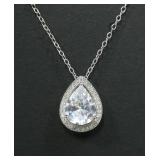 Sterling silver pear cut CZ pendant with CZ halo