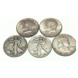 x5- Half dollars, 90% silver,  -x5 half dollars,