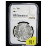 1887 Morgan dollar, NGC slab certified MS-64