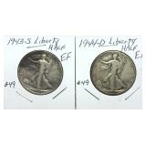 x2- Walking Liberty half dollars, mixed dates,