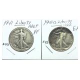 x2- Walking Liberty half dollars, mixed dates,