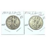 x2- Walking Liberty half dollars, mixed dates,