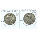 x2- Walking Liberty half dollars, mixed dates,